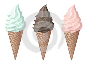 Cones strawberry mint chocolate ice cream. Vector