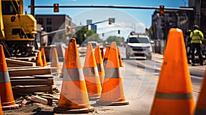 cones yellow road sign