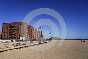 Coney Island Beach and the famous Coney Island Boardwalk outside the New York Aquarium in Brooklyn