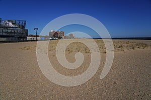 Coney Island Beach and the famous Coney Island Boardwalk outside the New York Aquarium in Brooklyn