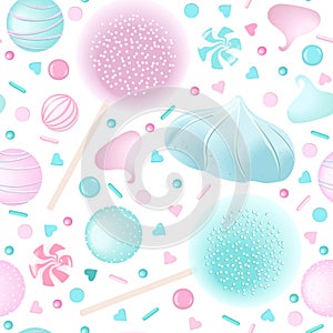 Confection candy seamless pattern set. White and pink marshmellows, lollipop, icing,