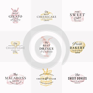 Confectionary Sweets and Drinks Abstract Signs, Symbols or Logo Templates Collection. Hand Drawn Ice Cream, Donut and photo