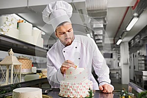 Confectioner with a cake in the bakery. photo