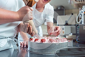 Confectioner or pastry chefs finishing cake with pastry bag