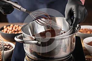 Confectioner prepares the melted dark chocolate in a bowl on a wooden table.