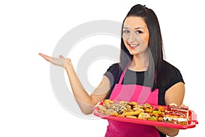 Confectioner woman making presentation photo