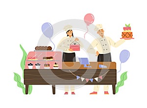 Confectioners behind shop counter present birthday cake, flat vector isolated.