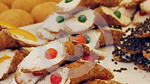 confectionery. bakery products. sweet pastries. close-up. Traditional sweet Italian pastries. sweet, luscious desserts