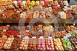 Confectionery at Boqueria market place in Barcelona, Spain