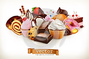 Confectionery. Chocolate, cakes, cupcakes and donuts. Vector illustration photo
