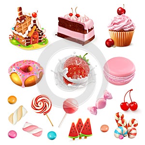 Confectionery and desserts. Strawberry and milk, cake, cupcake, candy, lollipop. Vector icon set