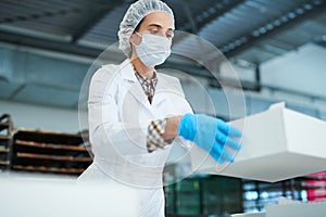 Confectionery factory worker holding paper box