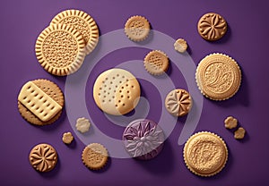 Confectionery. Illustration of assorted cookies on purple background. Generative AI