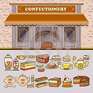 Confectionery shop and set of cute various desserts icons.