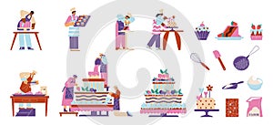 Confectionery vector illustrations set, cakes and pastries making process, chefs decorate sweets, professional cookers