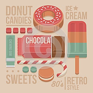 Confectionery Vintage Cover - Donut, Chocolate Bar, Lollipop, Cookies, Sweet Candies, Chewing Gum and Ice-cream.