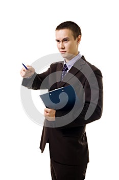 Confedent young business person point with pen