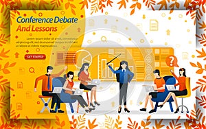 Conference debate and lessons. women teaching business and students are debating, concept vector ilustration. can use for landing