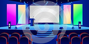 Conference hall interior. Empty white presentation screen in dark auditorium. Vector illustration