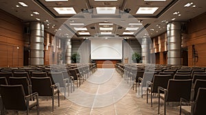 Rows of empty chairs in an elegant conference hall, ready for a presentation