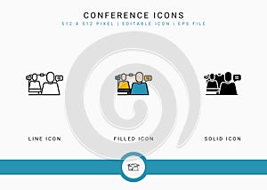 Conference icons set vector illustration with solid icon line style. Video call communication concept. Editable stroke icon on