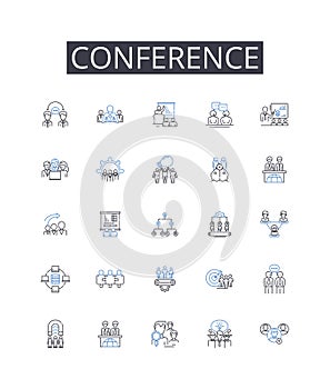 Conference line icons collection. Meeting, Assembly, Symposium, Convention, Rallying, Gathering, Summit vector and