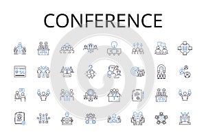 Conference line icons collection. Meeting, Assembly, Symposium, Convention, Rallying, Gathering, Summit vector and