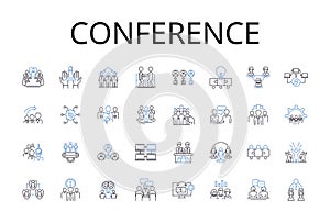 Conference line icons collection. Meeting, Assembly, Symposium, Convention, Rallying, Gathering, Summit vector and