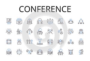 Conference line icons collection. Meeting, Assembly, Symposium, Convention, Rallying, Gathering, Summit vector and