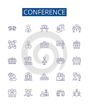 Conference line icons signs set. Design collection of Conclave, Forum, Summit, Dialogue, Symposium, Assembly, Rally