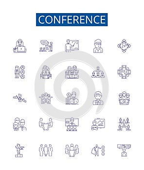 Conference line icons signs set. Design collection of Conclave, Forum, Summit, Dialogue, Symposium, Assembly, Rally