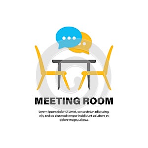 Conference meeting room, board flat icon. Office desk, chairs with a speech bubble. Vector on isolated white background. EPS 10
