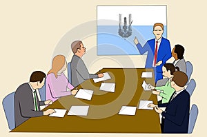 Conference in an office board room attended by staff photo