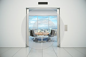 Conference room with city view is appeared from the elevator doors