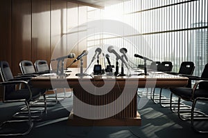 Conference room with conference table and microphones. 3D Rendering, A media interview in a conference room, with microphones and