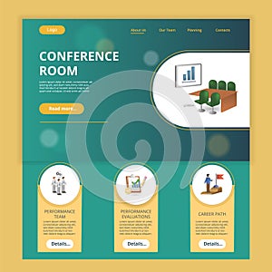 Conference room flat landing page website template. Performance team, performance evaluations, career path. Web banner