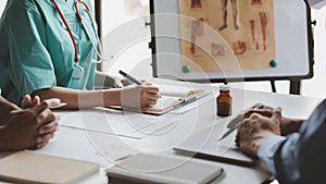 A conference room in a hospital where a group of doctors are attending a meeting, a meeting of executive doctors and chiefs