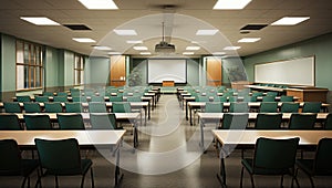 Conference room interior with rows of green chairs and blank whiteboard