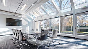 A conference room with large skylights bringing in natural light and fostering a sense of creativity and productivity.