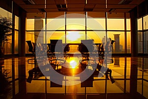 Conference room with large window overlooking city skyline at sunset. Modern corporate office interior with reflective