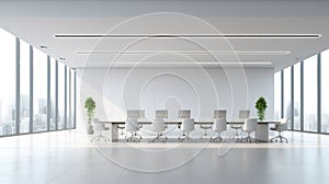 A conference room with a long table and chairs, a large room with a lot of windows.