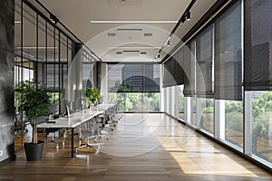 Conference room with long table, chairs, lots of windows