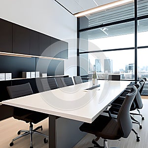 Conference room with meeting table and chairs and panoramic city view, 3D Rendering