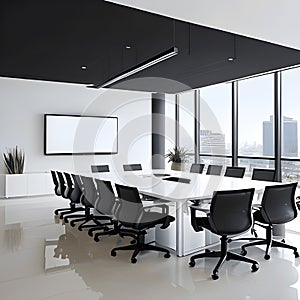 Conference room with meeting table and chairs and panoramic city view, 3D Rendering