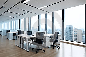 Conference room with meeting table and chairs and panoramic city view, 3D Rendering