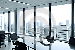 Conference room with meeting table and chairs and panoramic city view, 3D Rendering