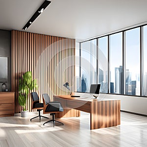 Conference room with meeting table and chairs and panoramic city view, 3D Rendering