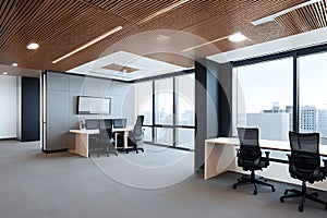 Conference room with meeting table and chairs and panoramic city view, 3D Rendering