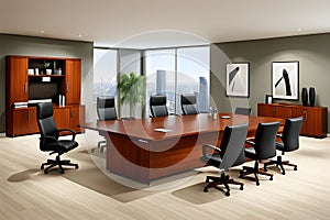 Conference room with meeting table and chairs and panoramic city view, 3D Rendering