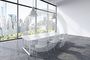 A conference room in a modern panoramic office with New York city view. White table, white chairs and two white ceiling lights. 3D